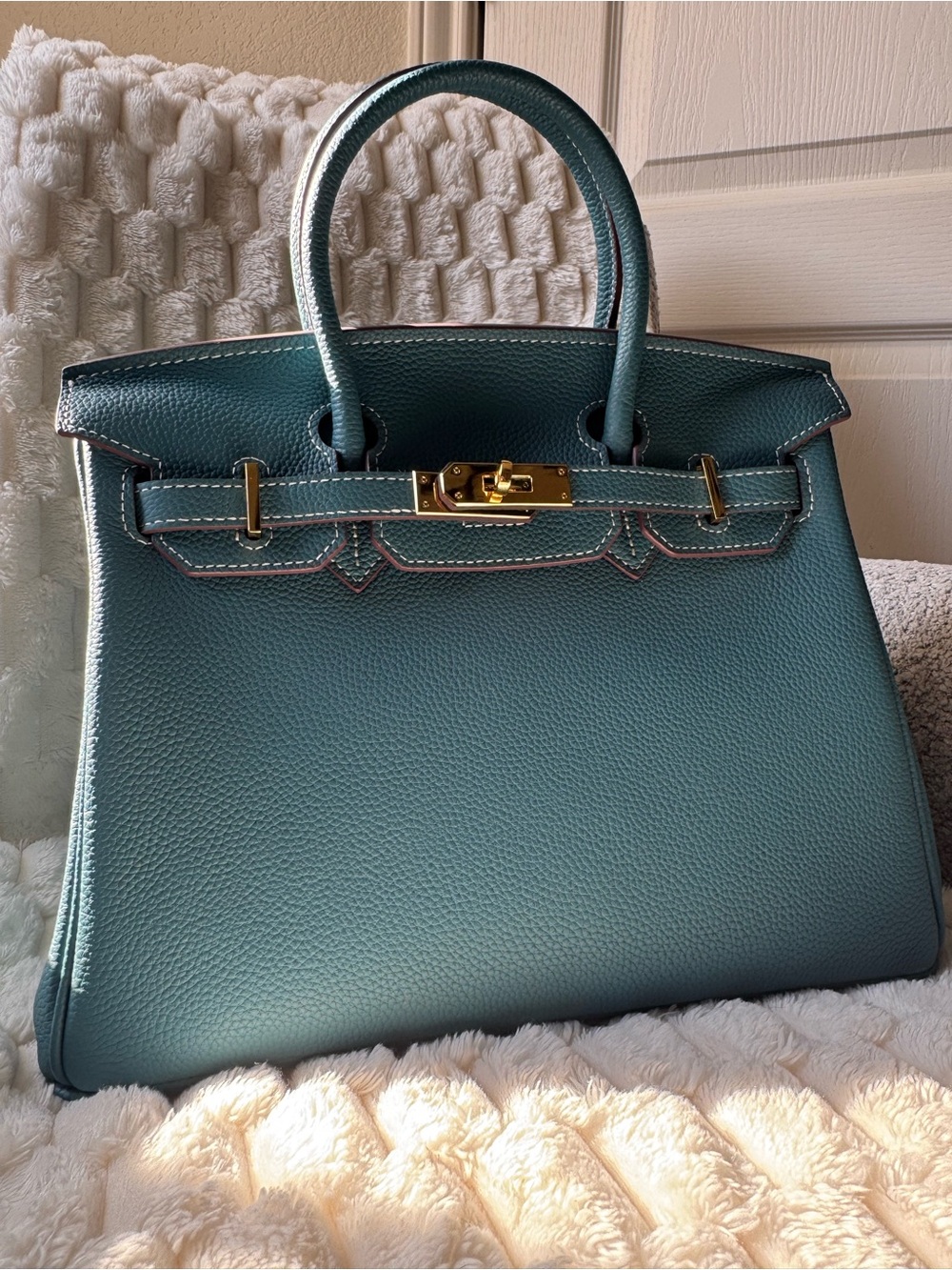 30 cm Elegant Teal Leather Top-Handle Bag - Picture 1 of 8